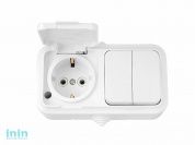 Блок выкл. 2 клав. + розетка (открытая, с/з, брызг. защ.) белая, Пралеска Аква, Bylectrica (Блок выключатель двухклавишный + розетка с заземляющим кон