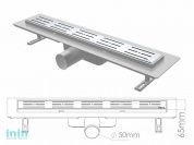 Сливной трап горизонтальный D 50, решетка нерж. с площадкой под плитку, 65х900мм, NOVA