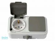 Блок выкл. 1 клав. + розетка (открытая, с/з, брызг. защ.) серая, Пралеска Аква, Bylectrica (Гарантийный срок:24 месяца)