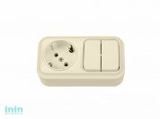 Блок выкл. 2 клав. + розетка (открытая, с/з) бежевая, Вариант, BYLECTRICA (Выключатель двухклавишный + розетка с заземляющим контактом открытой устано