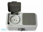 Блок выкл. 2 клав. + розетка (открытая, б/з, брызг. защ.) серая, Пралеска Аква, Bylectrica (Гарантийный срок:24 месяца)