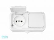 Блок выкл. 1 клав. + розетка (открытая, б/з, брызг. защ.) белая, Пралеска Аква, Bylectrica (Блок выключатель одноклавишный + розетка брызгозащищенный