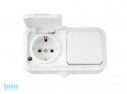 Блок выкл. 1 клав. + розетка (открытая, с/з, брызг. защ.) белая, Пралеска Аква, Bylectrica (Блок Выключатель одноклавишный + розетка с заземляющим кон
