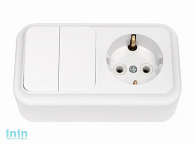 Блок выкл. 2 клав. + розетка (открытая, с/з) белая, Пралеска, BYLECTRICA (Гарантийный срок:24 месяца)