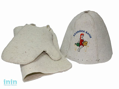 Набор для бани из 3-х предм. Шапка "Хозяйка бани", коврик, рукавичка ТМ "Бацькина баня" из войлока (БАЦЬКИНА БАНЯ)