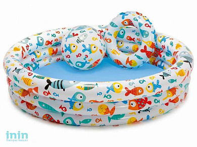 Надувной детский бассейн Ананас, 132х28 см + надувной мяч 51 см, надувной круг 51 см, INTEX (от 2 лет)