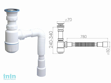 Сифон для умывальника с прикручивающимся выпуском 70мм , с гибкой трубой 1 1/2" - 40/50мм, NOVA