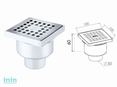 Сливной трап вертикальный D 50, с сухим затвором, решетка нерж. 100х100 мм, NOVA