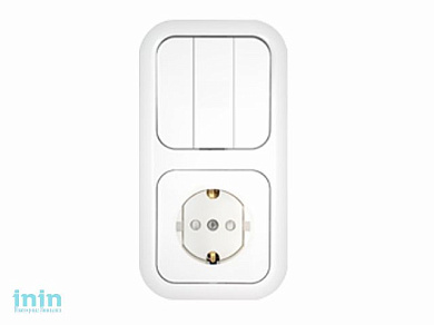 Блок выкл. 3 клав. + розетка (скрытая, с/з, со шторками) белая, Гармония, Bylectrica (Выключатель трехклавишный + розетка скрытой установки Гарантийны