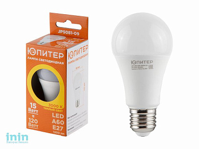 Лампа светодиодная A60 СТАНДАРТ 15 Вт 170-240В E27 3000К ЮПИТЕР (100 Вт аналог лампы накал., 1200Лм, теплый белый свет)