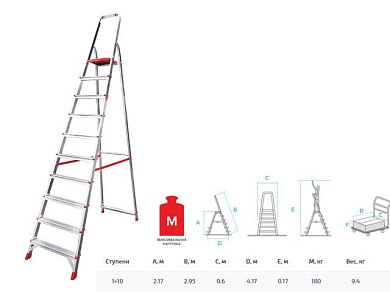 Лестница-стремянка алюм. проф. 217 см 10 ступ. 9,5 кг NV3110 Новая Высота (макс. нагрузка 180 кг) (3110110)