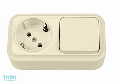 Блок выкл. 1 клав. + розетка (открытая, с/з) бежеваяя, Вариант, BYLECTRICA (Выключатель одноклавишный + розетка с заземляющим контактом открытой устан