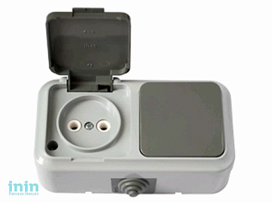 Блок выкл. 1 клав. + розетка (открытая, б/з, брызг. защ.) серая, Пралеска Аква, Bylectrica (Гарантийный срок:24 месяца)