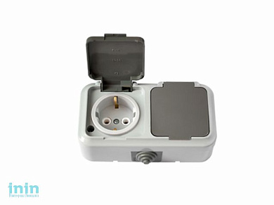 Розетка 2-ая (открытая, с/з, брызг. защ.) серая, Пралеска Аква, Bylectrica (Розетка  РА16-303(03)    штепсельная двухместная с заземим контактом брызг