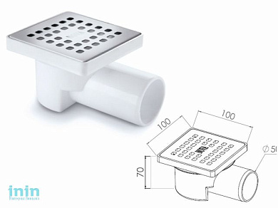 Сливной трап горизонтальный D 50, с сухим затвором, решетка нерж. 100х100 мм, NOVA