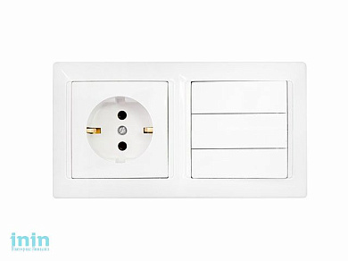 Блок выкл. 3 клав. + розетка (скрытая, с/з) белая, Стиль, Bylectrica (Блок Выключатель трехклавишный + розетка с заземляющим контактом скрытой установ