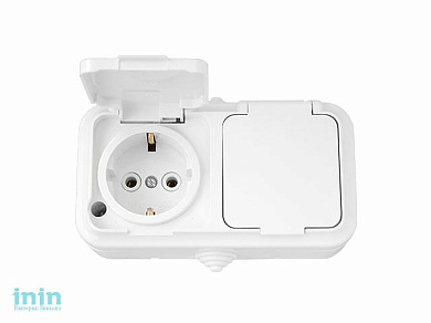 Розетка 2-ая (открытая, с/з, брызг. защ.) белая, Пралеска Аква, Bylectrica (Розетка штепсельная двухместная с заземляющим контактом брызгозащищенная о