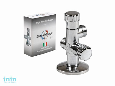 Кран вентильный двойной угловой 1/2"х1/2"  ХРОМ с чашкой General Fittings (В упаковке 2 штуки. Продается поштучно)