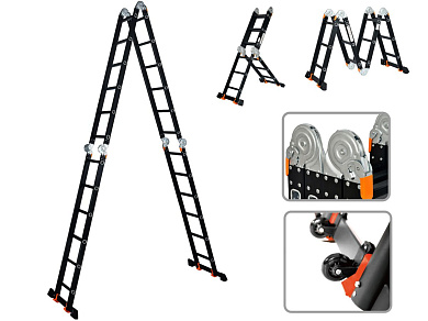 Лестница алюм. многофункц.4х6 ступ.(стрем.-332см,лестн.-690см) 17,0кг BLACK LINE STARTUL (ST9930-06) (усиленное шарнирное соединение, прорезиненные колеса и доп.стабилизаторы)