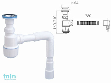 Сифон для умывальника с литым выпуском 64мм, с гибкой трубой 1 1/4", NOVA (Выход гибкой трубки на 40/50мм)