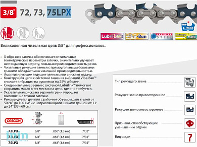 Цепь 40 см 16" 3/8" 1.6 мм 60 зв. 75LPX OREGON (затачиваются напильником 5.5 мм, для проф. интенсивного использования)