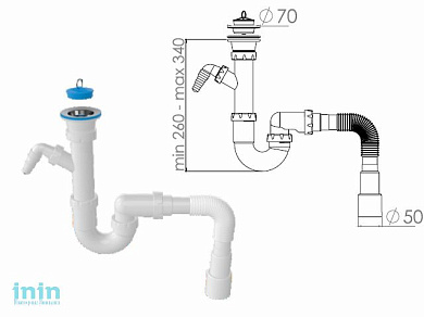 Сифон для кухни прямоточный с  выпуском 70мм, с гибкой трубой 1 1/2" - 40/50мм, NOVA