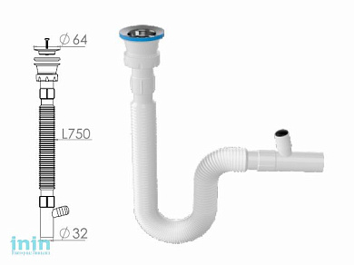 Сифон 1 1/2"х32 гофрированный, выпуск 64мм, NOVA