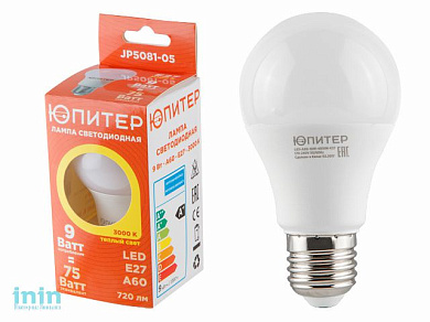 Лампа светодиодная A60 СТАНДАРТ 9 Вт 170-240В E27 3000К ЮПИТЕР (75 Вт аналог лампы накал. 720Лм, теплый белый свет)