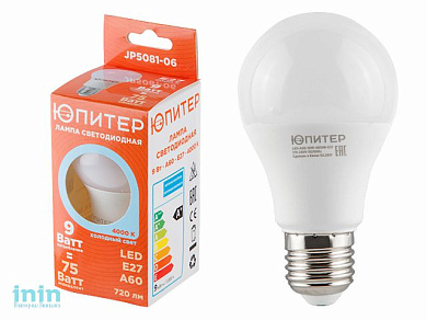 Лампа светодиодная A60 СТАНДАРТ 9 Вт 170-240В E27 4000К ЮПИТЕР (75 Вт аналог лампы накал. 720Лм, холодный белый свет)