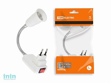 Переходник вилка-Е27 гибкий 150мм с выключателем, белый, TDM