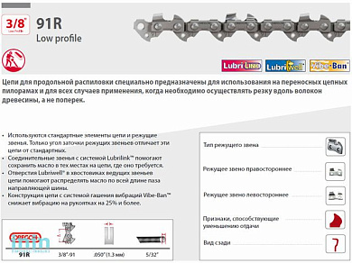 Цепь 35 см 14" 3/8" LP 1.3 мм 52 зв. для продольного пиления 91R OREGON (УСТАРЕЛА!)