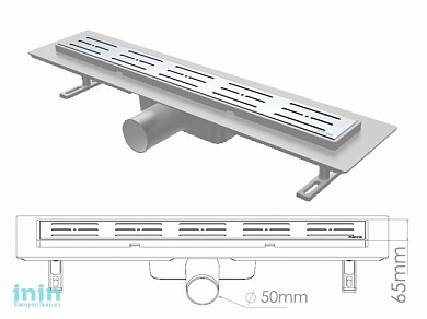 Сливной трап горизонтальный D 50, решетка нерж. с площадкой под плитку, 65х900мм, NOVA